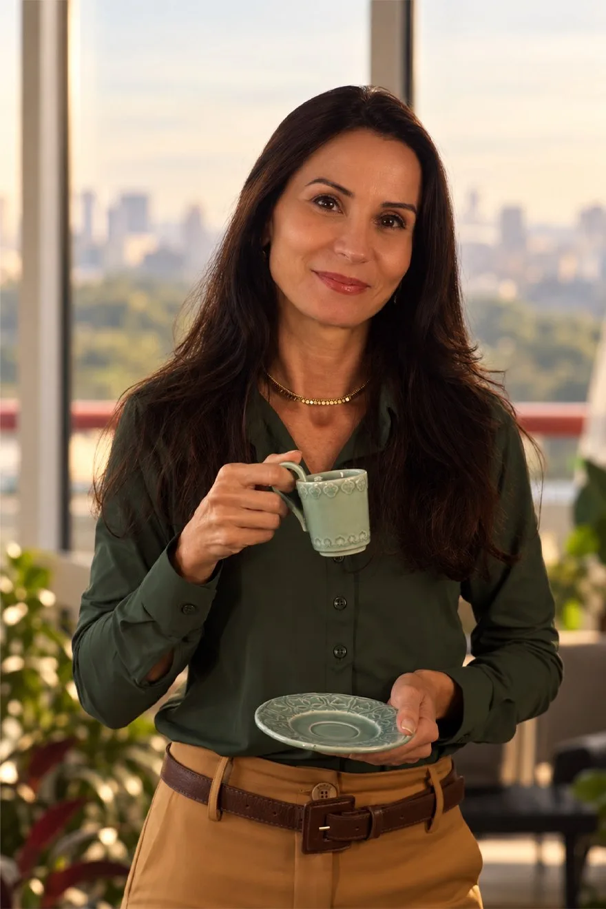 Dra. Carolina Mergulhão, endocrinologista em São Paulo, segurando uma xícara de café
